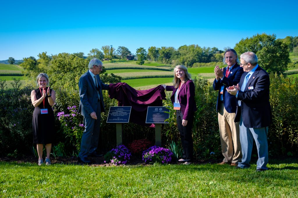 Anne Sayers and Governor Tony Evers unveil the UNESCO World Heritage plaque on September 15th, 2021. Photographed at Taliesin, A UNESCO World Heritage Site