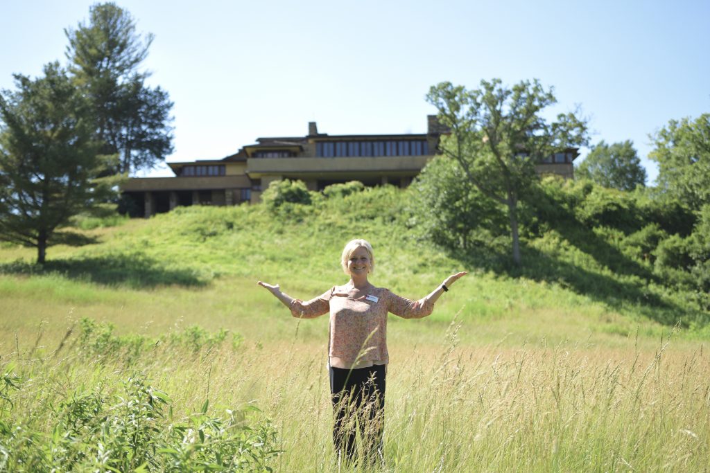 Carrie in front of Frank Lloyd Wright's Taliesin