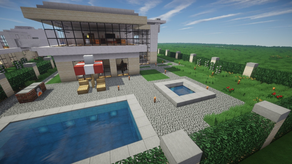 Student Minecraft project depicting a house and pool. Promoting 2022 Summer Camps.